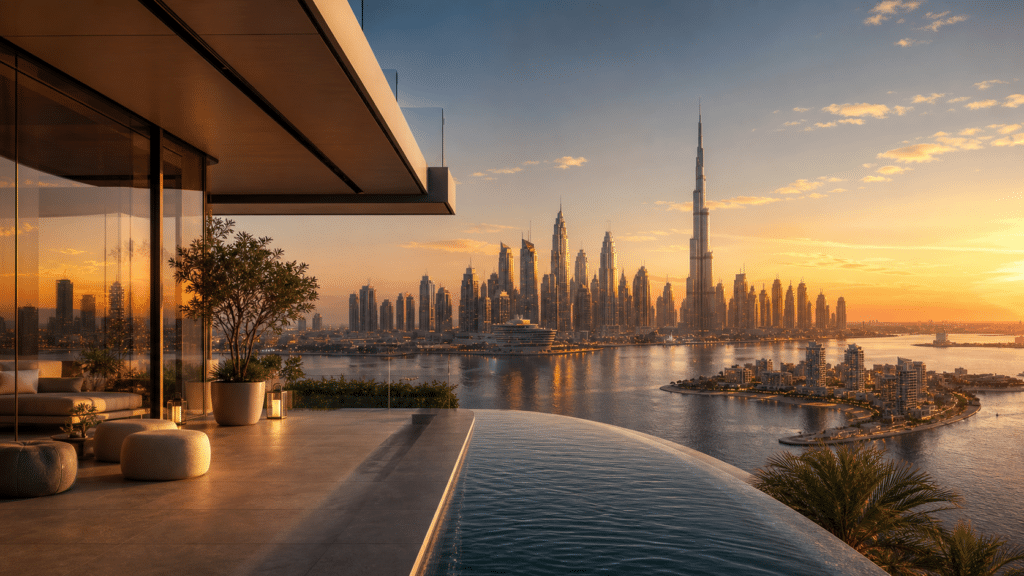 Luxueuze Dubai skyline bij golden hour